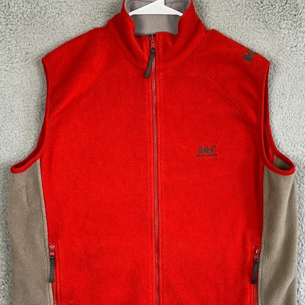 Helly Hansen Vest Mens XL Red Tan Fleece Full Zip Colorblock Mock Neck Pockets